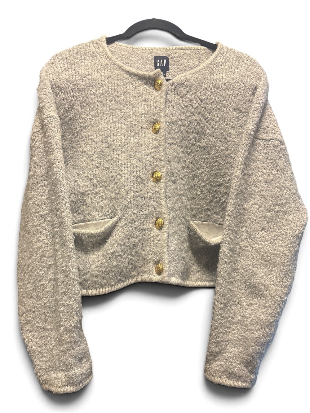 GAP Grey Bouclé Cropped Cardigan with Gold Buttons